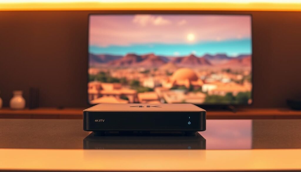 A 4K IPTV device resting on a sleek, modern entertainment center. The device has a minimalist, brushed-metal design with clean lines and subtle LED indicators. The scene is bathed in warm, indirect lighting, creating a cozy and inviting atmosphere. In the background, a large, high-resolution 4K television displays a vibrant, crystal-clear image of a Moroccan landscape, showcasing the device's exceptional video quality. The overall composition conveys the device's compatibility with 4K IPTV content, highlighting its ability to deliver a premium viewing experience for Moroccan channels in both Arabic and French.