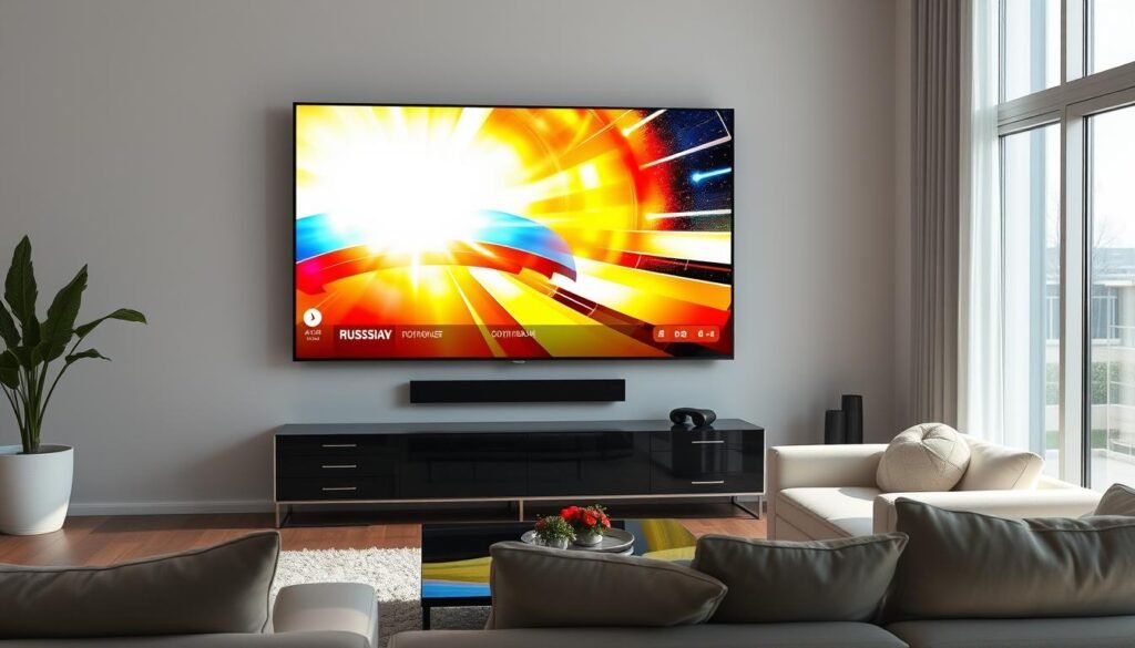 A 4K Ultra HD television displaying a vibrant, high-definition live broadcast of a Russian television channel. The image is sharp, the colors are rich and accurate, and the motion is smooth and seamless. The television is positioned in a modern, minimalist living room setting, with sleek, contemporary furniture and abundant natural lighting flooding the space. The room exudes a sense of comfort and sophistication, perfectly complementing the superior visual quality of the 4K IPTV display.