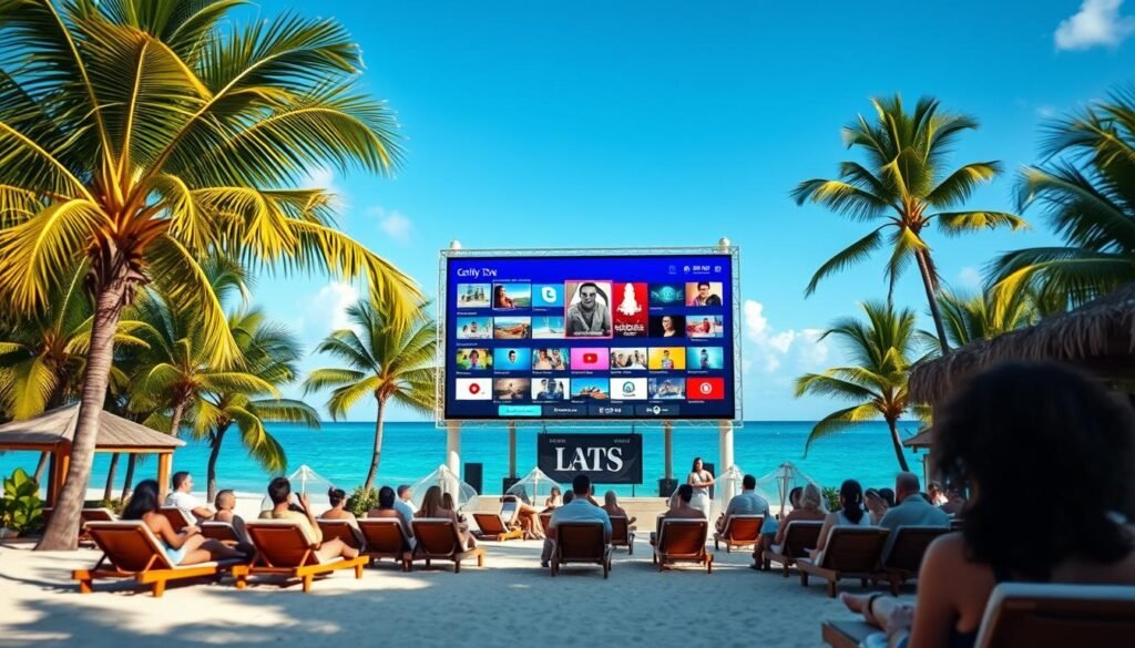A beachfront resort in the Caribbean, with a large outdoor television screen displaying a vibrant array of Caribbean TV channels. The screen is surrounded by lush palm trees, the clear blue sky, and the shimmering turquoise waters of the Caribbean Sea. In the foreground, a group of people relax on beach loungers, enjoying the warm tropical breeze and the captivating content on the screen. The lighting is soft and natural, creating a serene and inviting atmosphere. The camera angle is wide, capturing the entire scene and emphasizing the picturesque tropical setting.