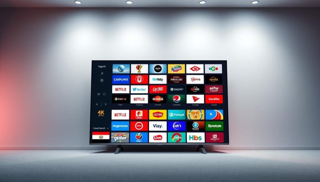 A beautifully lit 4K IPTV display showcasing a grid of vibrant, high-definition Egyptian television channels. The foreground features a sleek, modern smart TV set against a minimalist white backdrop, its screen filled with a diverse array of channel logos and program titles. The middle ground presents a refined, user-friendly interface with intuitive navigation controls, while the background subtly hints at the technological infrastructure powering this immersive IPTV experience. The overall scene conveys a sense of clarity, accessibility, and the cutting-edge capabilities of this 4K live IPTV solution for Egyptian viewers.