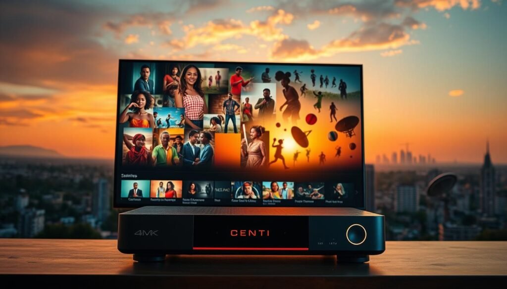 A breathtaking 4K landscape of vibrant African IPTV content, showcasing a dynamic array of live channels and on-demand media. The foreground features a sleek, state-of-the-art IPTV set-top box, its crisp display illuminated by warm, natural lighting. In the middle ground, a collage of diverse African cultural imagery and programming icons dance across the screen, reflecting the rich tapestry of the continent's content. The background depicts a panoramic view of a bustling African city skyline, with skyscrapers and satellite dishes silhouetted against a golden sunset. The scene exudes a sense of technological innovation, cultural celebration, and the power of IPTV to connect Africans with their vibrant, ever-evolving media landscape.