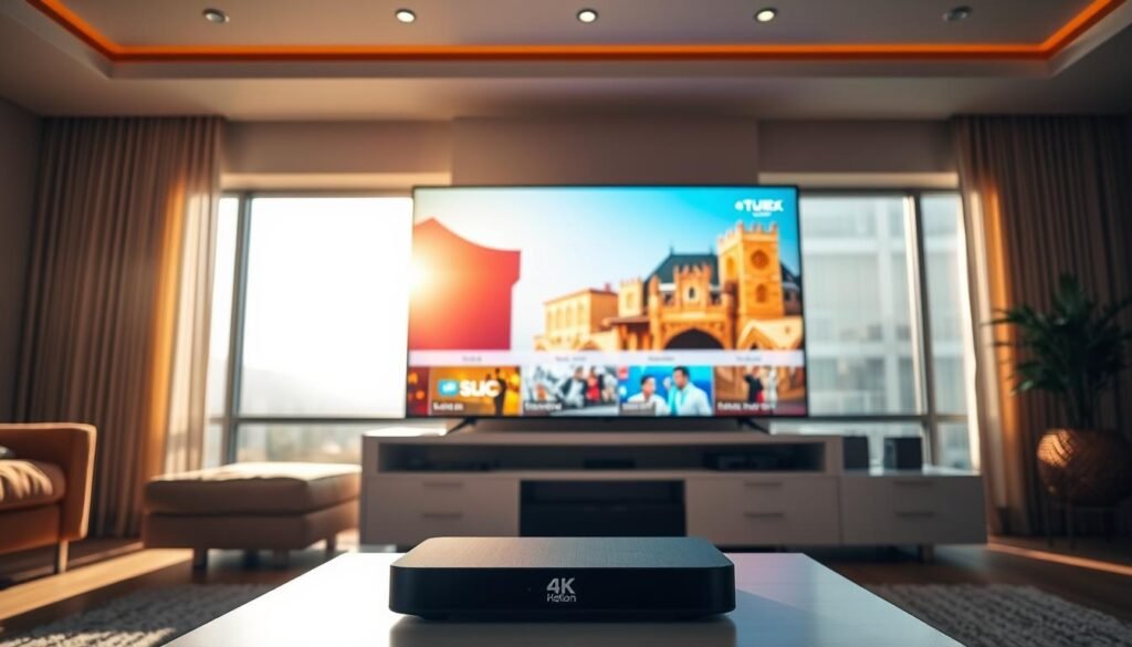 A bright and modern living room with a large, high-definition television screen prominently displayed, showcasing vibrant Middle Eastern channels in stunning 4K resolution. The room is bathed in warm, natural lighting filtering through panoramic windows, creating a comfortable and inviting atmosphere. In the foreground, a sleek and minimalist entertainment unit houses the 4K streaming device, conveying a sense of technological sophistication. The overall scene emphasizes the differences between the sharp, detailed 4K image and the comparatively lower quality of standard streaming, highlighting the enhanced visual experience of the 4K format.