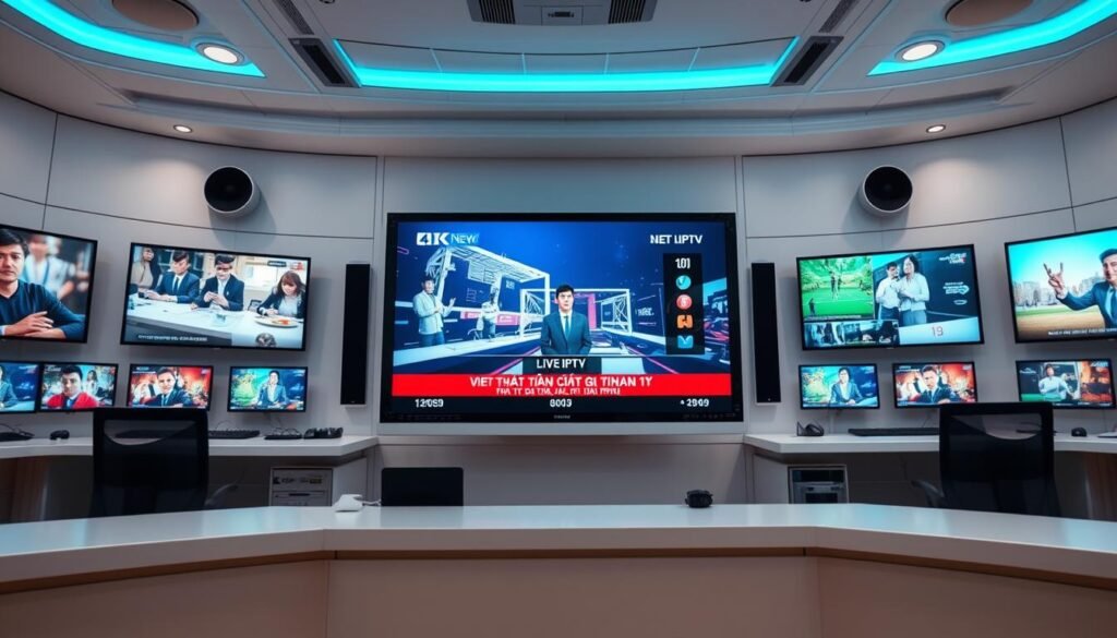 A brightly lit, futuristic control room filled with advanced monitoring screens displaying 4K live IPTV feeds from various channels. The room is immaculately clean, with a sleek, minimalist design featuring metallic accents and soft blue lighting. In the foreground, a high-resolution 4K television screen showcases a crisp, vibrant image of a Vietnamese news channel, while the surrounding displays depict other live IPTV streams from different Vietnamese entertainment, sports, and cultural programming. The overall scene conveys a sense of cutting-edge technology, efficiency, and the power of 4K IPTV to deliver a premium viewing experience.