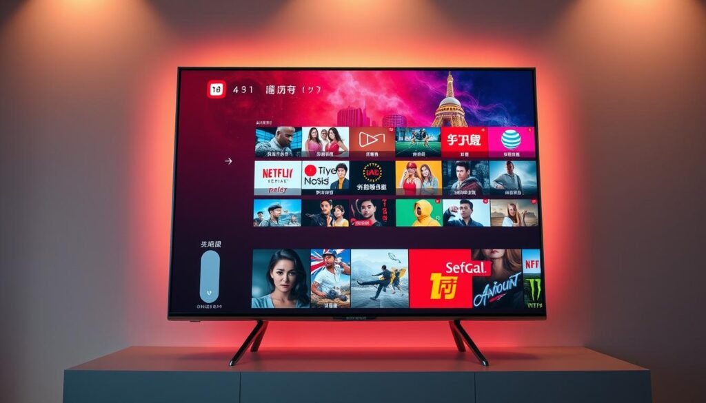 A cinematic 4K visual of a vibrant lineup of Asian television channels, showcased on a sleek, modern TV display. The screen is set against a minimalist backdrop, allowing the vibrant colors and dynamic imagery of the channels to take center stage. Subtle ambient lighting casts a warm, inviting glow, creating a sense of immersion and high-fidelity entertainment. The camera angle captures the display at a slight angle, emphasizing the crisp, detailed resolution and the seamless integration of the content. The overall scene exudes a sense of premium, high-quality entertainment tailored for the discerning Asian viewer.