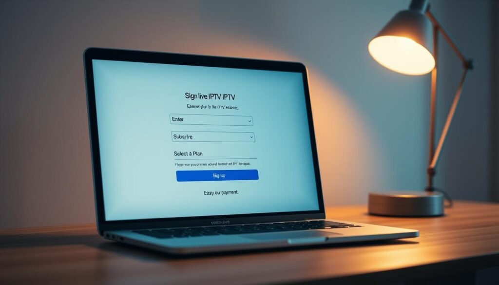 A closeup view of a laptop screen displaying the sign-up process for a 4K live IPTV service. The laptop is placed on a minimalist wooden desk, with a modern desk lamp casting a warm, focused light on the screen. The background is blurred, creating a sense of depth and drawing the viewer's attention to the foreground. The screen displays a clean, user-friendly interface with simple steps to subscribe, such as entering personal information, selecting a plan, and processing the payment. The overall mood is professional, informative, and inviting, conveying the ease and reliability of the IPTV subscription process.