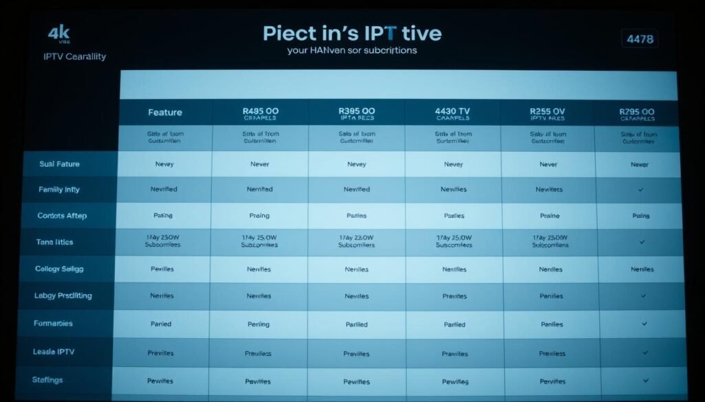 A comparison grid of contemporary IPTV subscription plans, showcasing their features and pricing structures. The layout is clean and modern, with a sleek user interface and a premium aesthetic. The plans are presented in a clear, organized manner, allowing the viewer to easily compare and contrast the various options. The overall mood is informative and professional, reflecting the high-quality content and service associated with 4K live IPTV for Malaysian channels. The lighting is soft and diffused, creating a warm and inviting atmosphere, while the camera angle provides a balanced and symmetrical composition.
