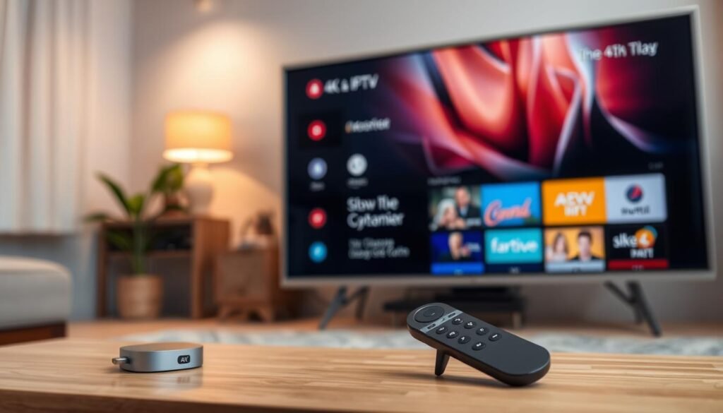 A contemporary setup process for 4K IPTV, capturing the ease and simplicity of the experience. In the foreground, a sleek and modern 4K smart TV stands proudly, its screen displaying a vibrant and immersive IPTV interface. Beside it, a compact yet powerful IPTV streaming device rests, its clean and minimalist design blending seamlessly with the surrounding decor. The middle ground showcases a user-friendly remote control, its intuitive layout and responsive buttons hinting at the effortless navigation to come. In the background, a cozy living room setting with soft lighting and neutral tones creates a welcoming atmosphere, inviting the viewer to imagine themselves easily setting up and enjoying the 4K IPTV experience.