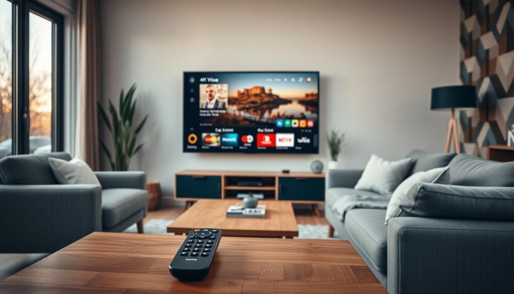 A cozy Scandinavian living room with a large flatscreen TV displaying a captivating 4K IPTV interface. The room is bathed in warm, natural lighting from large windows, highlighting the minimalist yet stylish Scandinavian furniture and decor. In the foreground, a sleek, modern remote control sits on a wooden coffee table, ready to navigate the extensive Scandinavian IPTV channel lineup. The mid-ground features a plush gray sofa and matching armchair, creating a comfortable viewing experience. The background showcases a Nordic-inspired accent wall, adding depth and character to the serene, inviting atmosphere.
