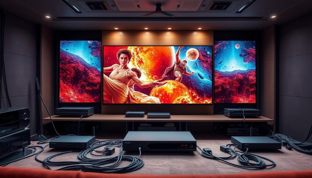 A cutting-edge, immersive 4K live IPTV technology setup. A sleek, modern media center with a large, ultra-high-definition display panel. Intricate network cables and hardware components like routers, modems, and set-top boxes seamlessly integrated, conveying the advanced, interconnected nature of this system. Soft, atmospheric lighting highlighting the technical details, while maintaining a sense of elegance and sophistication. The scene captures the viewer's attention, showcasing the power and versatility of this 4K live IPTV technology, ready to deliver an unparalleled viewing experience.