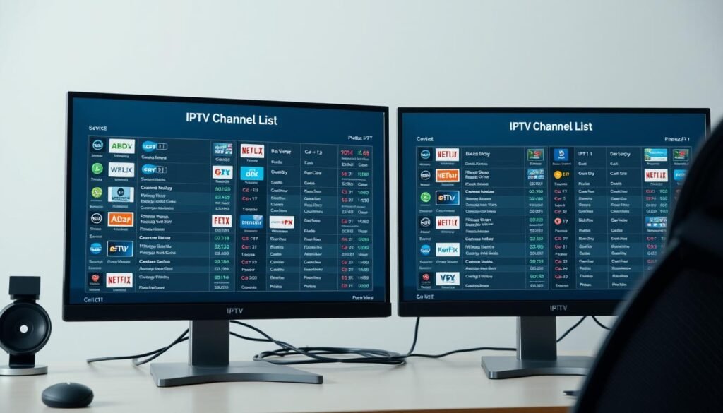 A detailed comparison of IPTV channel lists displayed on two professional-looking computer screens, set against a sleek, minimalist backdrop. The screens showcase side-by-side IPTV service offerings, with high-resolution channel icons, logos, and category breakdowns. Subtle grid lines and data visualizations enhance the informative, analytical nature of the scene. The lighting is softly diffused, creating a clean, modern aesthetic. The camera angle is slightly elevated, providing an overview of the workspace, emphasizing the analytical nature of the comparison.