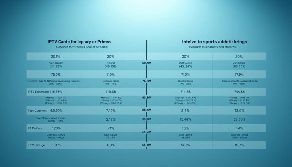 A detailed comparison of leading IPTV providers, showcasing their 4K live streaming capabilities for esports tournaments and streams. A minimalist, high-contrast layout highlights key features side-by-side, with sleek icons and infographic-style visualizations. Cool, modern tones create a professional, informative atmosphere, while dynamic camera angles and clean, elegant composition draw the viewer's attention to the most relevant information. Subtle lighting accentuates the comparison metrics, creating depth and visual interest without distracting from the core content.