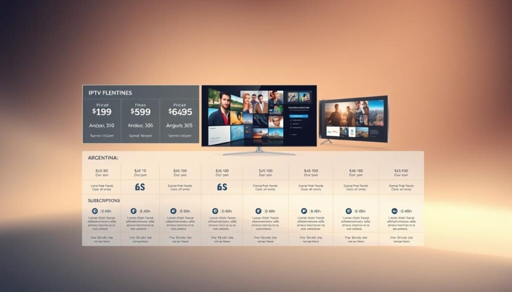 A detailed illustration of Argentina IPTV service plans, showcasing a sleek, modern layout with a clean, minimalist aesthetic. The foreground features a grid of pricing tiers and subscription options, presented with clear, legible typography and distinctive icons denoting key features. The middle ground depicts a series of high-quality screenshots showcasing the IPTV platform's user interface and channel offerings, conveying the breadth and quality of the service. The background is a seamless blend of soft gradients and subtle textures, creating a sense of depth and professionalism. Lighting is soft and diffused, with a warm, inviting color palette that aligns with the Argentinian brand identity. The overall composition is balanced, visually appealing, and effectively communicates the key details of the IPTV service plans.