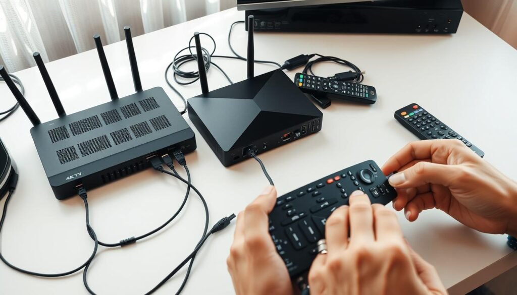 A detailed step-by-step 4K live IPTV installation process for Russian channels. A well-lit, high-angle view of a desk with various electronics and cables - a modem, router, media box, and remote controls. The process unfolds in the foreground, with close-up shots of hands connecting cables and setting up the devices. The background is clean and uncluttered, allowing the installation steps to be the focal point. The lighting is bright and natural, creating a calm, informative atmosphere. The overall composition guides the viewer through the installation, making it an educational and visually appealing illustration for the article.