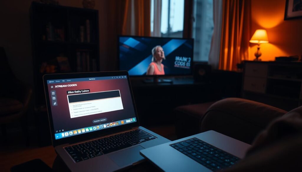 A dimly lit home office, with a laptop and a TV screen displaying a buffering IPTV feed. The laptop shows the Xtream Codes interface, indicating troubleshooting efforts. The room is bathed in a warm, amber glow, casting shadows and creating a sense of frustration and inconvenience. The camera angle is slightly elevated, giving a bird's-eye view of the scene, emphasizing the user's struggle with the technology. The overall atmosphere conveys the common experience of IPTV buffering issues that users of Xtream Codes may face.