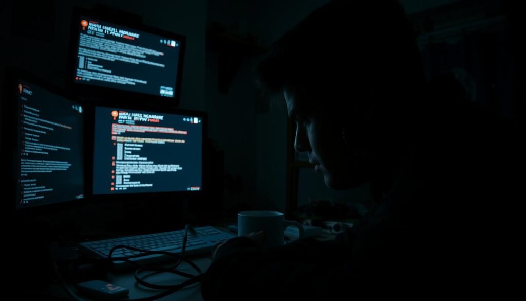 A dimly lit home office with a person intently troubleshooting a live IPTV setup. Multiple screens display error messages and network diagnostics, casting an eerie glow. Tangled cables and a half-empty coffee mug on the desk convey a sense of frustration. High-contrast lighting casts dramatic shadows, creating an atmospheric, almost noir-like setting. The subject's face is partially obscured, emphasizing their focused, problem-solving expression. The overall scene evokes the technical challenges and late-night troubleshooting often associated with live IPTV issues.