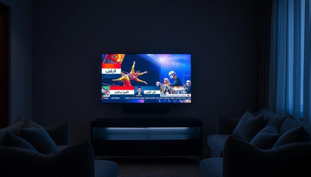 A dimly lit living room, the soft glow of a 4K television screen illuminating the space. The screen displays vivid Iraqi news channels, their vibrant colors and sharp details bringing the Middle Eastern content to life. A sleek, modern media console sits below the TV, its black finish complementing the room's neutral tones. Plush, inviting seating surrounds the setup, creating a cozy and immersive viewing experience. The lighting is warm and cinematic, casting subtle shadows that add depth and atmosphere. The overall scene conveys a sense of comfort and high-quality entertainment, perfectly capturing the essence of 4K Live IPTV for Iraqi channels.