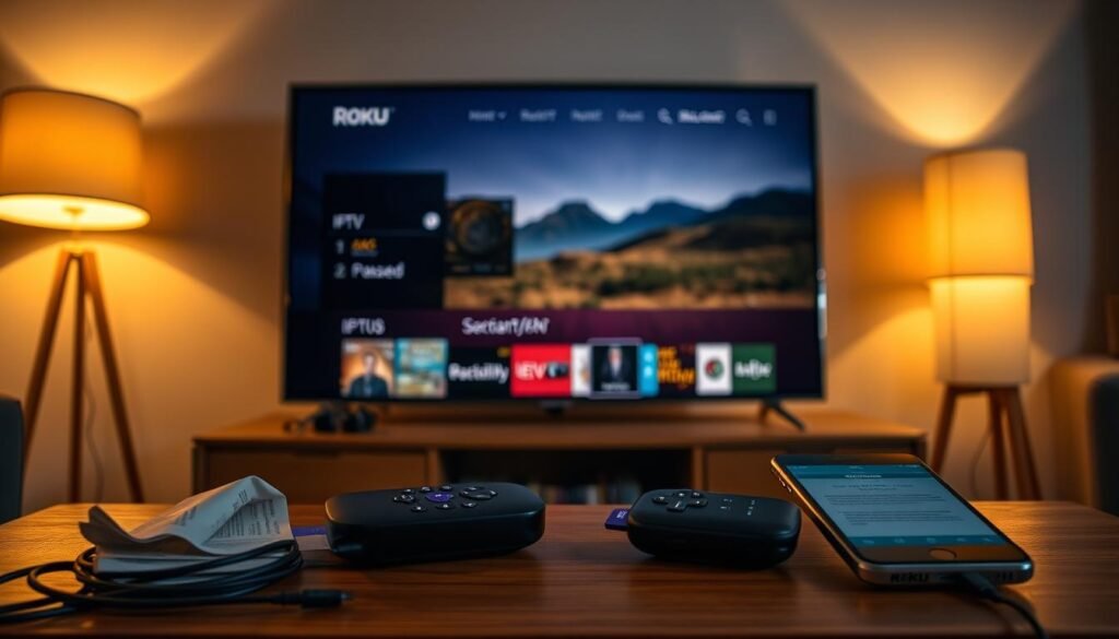 A dimly lit living room with a Roku device prominently displayed on a wooden TV stand. The Roku's interface shows the IPTV app, with a paused 4K nature documentary playing on the TV screen. Warm lighting from a floor lamp creates a cozy atmosphere, while the room is filled with subtle hints of frustration - a crumpled instruction manual, a tangle of cables, and a smartphone with a troubleshooting guide open. The scene conveys the challenges of setting up and troubleshooting a 4K IPTV streaming service on a Roku device.