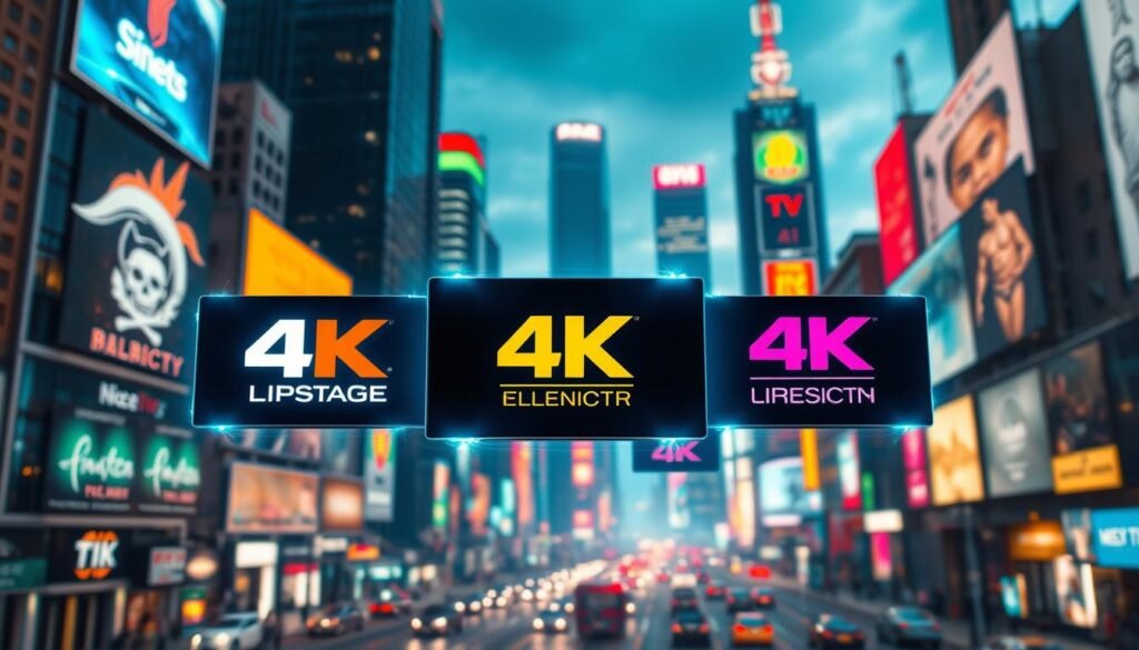 A dynamic and visually-striking image of the "Top IPTV Providers Offering 4K Live Content". Set against a vibrant, futuristic cityscape with towering skyscrapers, neon-lit billboards, and a bustling metropolis backdrop. In the foreground, prominent logos and branding of the leading IPTV service providers float weightlessly, their high-definition content streams represented by glowing, holographic screens. The scene is bathed in a cool, neon-tinged lighting, creating an immersive, technology-driven atmosphere. The overall composition conveys a sense of innovation, reliability, and the cutting-edge capabilities of these premier IPTV services.