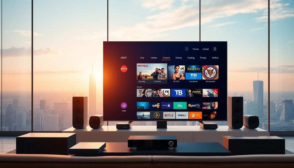 A futuristic 4K live IPTV streaming setup with sleek, minimalist design. In the foreground, a high-end 4K UHD television surrounded by modern home theater equipment, including a streaming device and surround sound speakers. The middle ground features a user-friendly virtual interface showcasing live TV channels and on-demand content, with a smooth, intuitive layout. The background depicts a city skyline, reflecting the global connectivity and accessibility of IPTV technology. The lighting is soft and natural, creating a warm, inviting atmosphere for an immersive viewing experience.