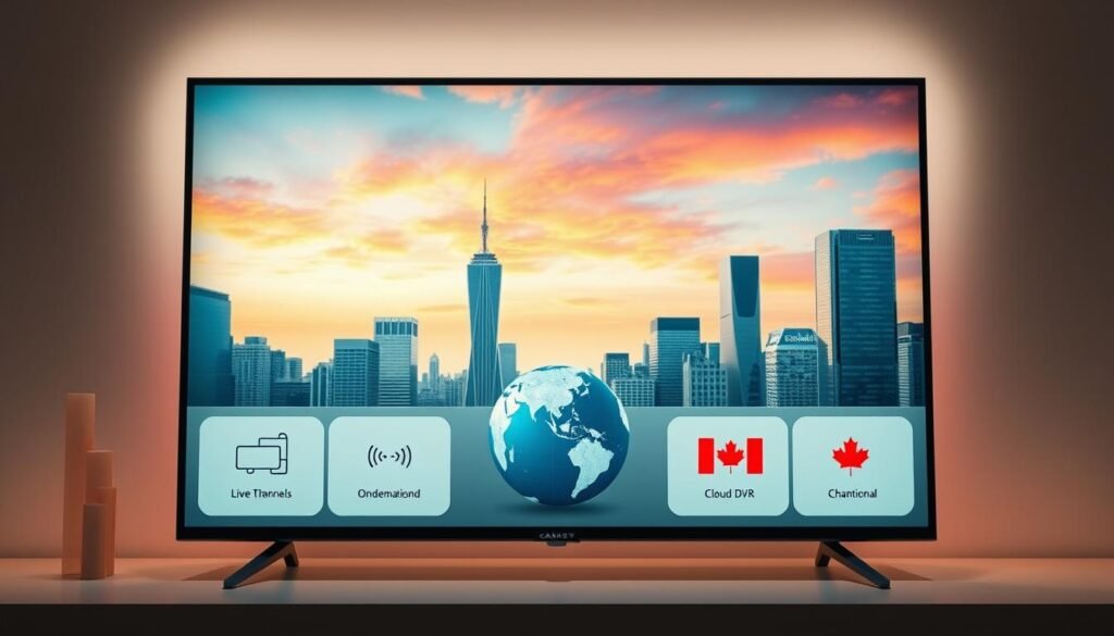 A futuristic, sleek 4K TV display showcasing a variety of IPTV features tailored for Canadian viewers. The foreground depicts a minimalist interface with crisp icons representing live TV channels, on-demand content, and cloud DVR. The middle ground features a globe symbolizing international programming, alongside maple leaf icons denoting domestic Canadian channels. The background sets a modern, urban cityscape with skyscrapers and a vibrant, colorful sky, conveying a sense of technological innovation and global connectivity. Soft, directional lighting accentuates the clean, high-quality visuals. The overall scene exudes a professional, cutting-edge aesthetic suitable for a premium IPTV service in the Canadian market.
