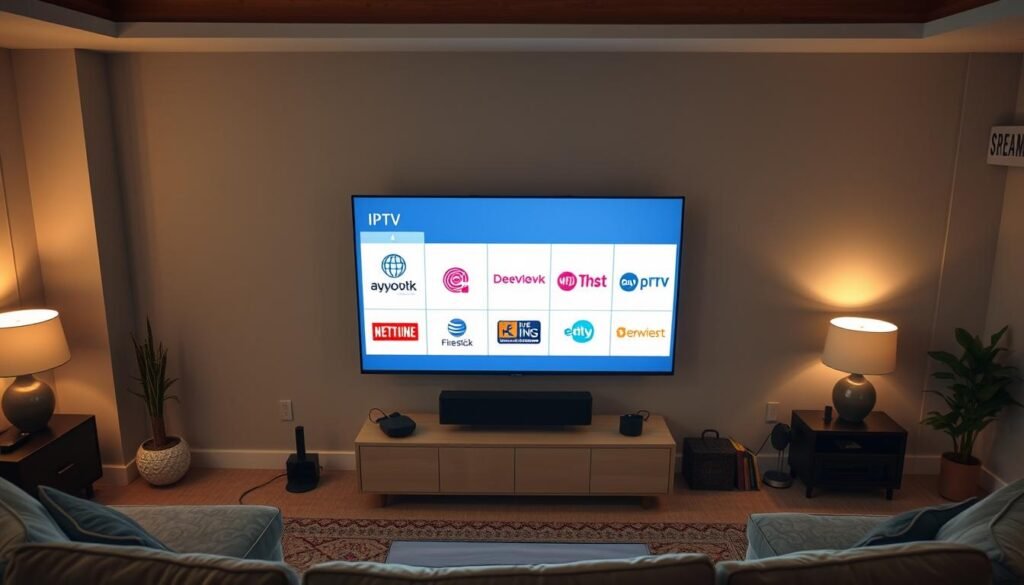 A high-angle shot of a living room interior, with a large TV screen prominently displayed. On the screen, a variety of IPTV service logos are shown, including popular 4K streaming options for the Firestick. The room is well-lit, with warm, inviting tones and a subtle, modern decor. The overall atmosphere conveys a sense of research, exploration, and decision-making, as the viewer considers the best IPTV service for their needs.