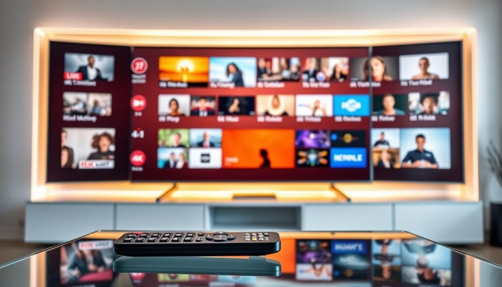 A high-definition 4K IPTV setup with a sleek modern interface, displaying multiple live television channels simultaneously on a large, state-of-the-art widescreen display. The screen is bathed in warm, natural lighting, casting a soft glow across the crisp, vibrant visuals. In the foreground, a minimalist remote control rests on a glass table, seamlessly integrating the user experience. The background showcases a minimalist, yet sophisticated living room environment, hinting at the convenience and premium quality of the 4K IPTV service.