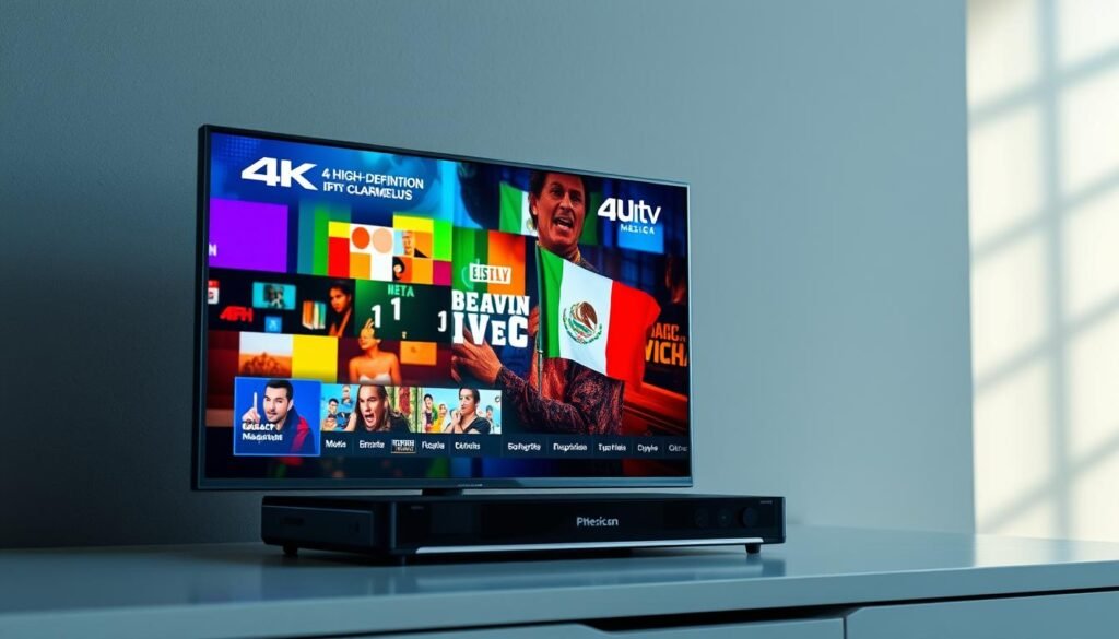 A high-definition IPTV subscription service prominently displayed on a sleek, modern device. The screen shows a visually stunning 4K live broadcast of vibrant Mexican channels, immersing the viewer in a rich, colorful experience. The device is positioned against a minimalist, well-lit backdrop, emphasizing the technological sophistication and accessibility of the IPTV offering. The overall composition conveys a sense of premium quality, convenience, and the ability to enjoy top-tier Mexican programming in exceptional clarity and detail.