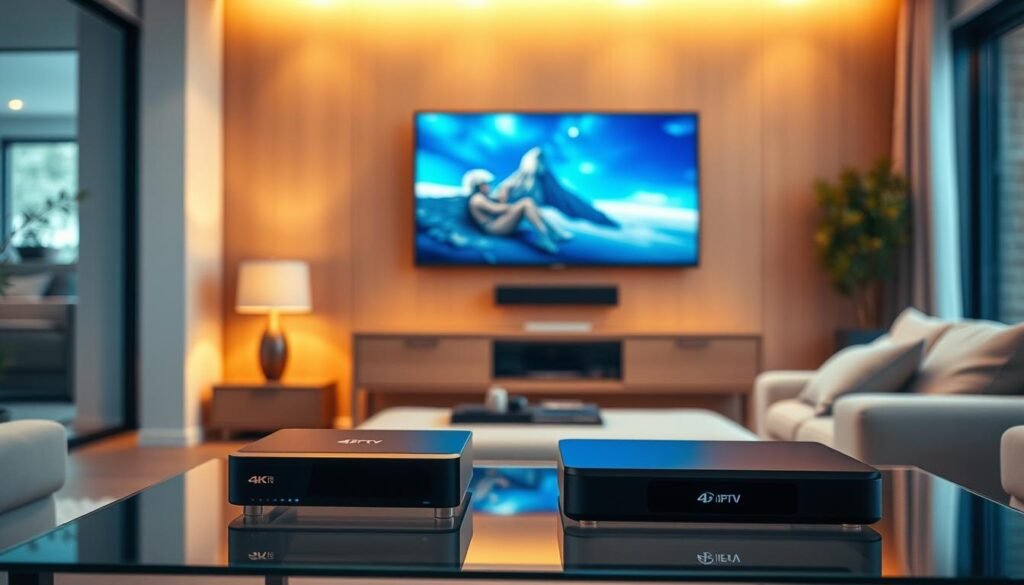 A high-quality 4K IPTV streaming setup, with a sleek and modern television displaying a vivid, crystal-clear picture. The living room is bathed in warm, soft lighting, creating a cozy and immersive atmosphere. The television is mounted on a minimalist, wood-paneled wall, seamlessly blending into the room's decor. In the foreground, a high-end IPTV streaming device sits atop a glass-topped coffee table, its clean lines and subdued colors complementing the overall aesthetic. The middle ground features a plush, comfortable sofa inviting the viewer to sit back and enjoy the stunning 4K video quality. The background showcases a large window, allowing natural light to filter in and enhance the sense of depth and spaciousness. The overall scene conveys the premium, cutting-edge experience of 4K IPTV streaming in a modern, luxurious home setting.