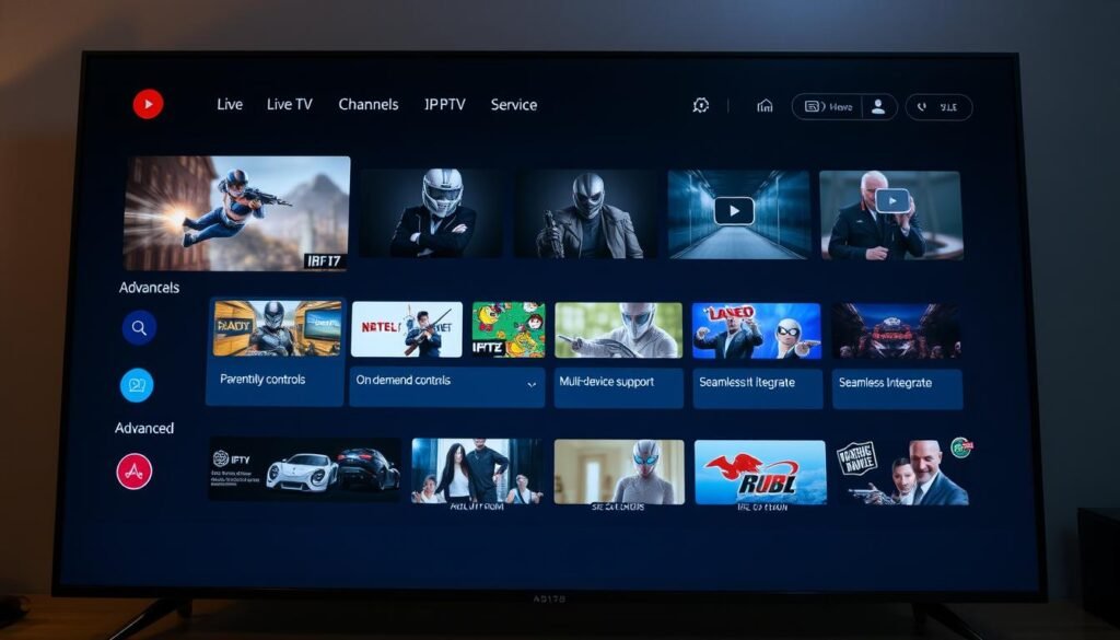 A high-quality 4K image of a professional, modern IPTV service provider's interface. The interface displays a selection of live TV channels, on-demand content, and advanced features like parental controls, multi-device support, and seamless integration with the IMPlayer media player. The layout is clean and intuitive, with sleek icons, vivid colors, and a minimalist design that conveys a sense of reliability and sophistication. The image is captured from a slightly elevated angle, allowing the viewer to see the full breadth of the interface while maintaining a dynamic, engaging composition. The lighting is soft and diffused, creating a warm, inviting atmosphere that reflects the user-friendly nature of the IPTV service.