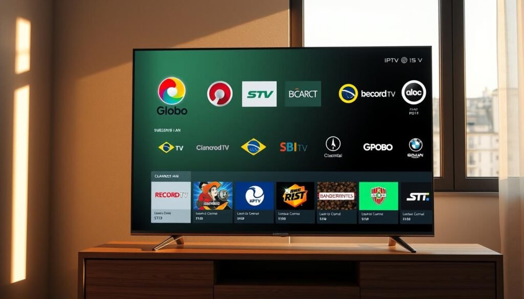 A high-quality 4K render of a modern smart TV screen showcasing various Brazilian IPTV subscription service logos and channel previews. The TV is positioned on a sleek, minimalist wooden entertainment stand, bathed in warm, natural lighting from a large window. The screen displays vibrant, detailed images of popular Brazilian channels such as Globo, Record TV, Bandeirantes, and SBT, along with subscription plan options and pricing details. The composition emphasizes the accessibility and convenience of accessing Brazilian content through reliable IPTV services, conveying a sense of quality and professionalism.