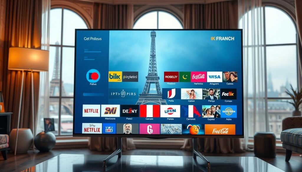 A high-quality, 4K resolution image of a vibrant, modern television displaying a diverse array of French television channels. The TV is positioned prominently in the foreground, with a sleek, minimalist design and a large, crystal-clear screen. The background features a stylish, Parisian-inspired setting, with hints of the Eiffel Tower and other iconic French landmarks visible through a large window. The lighting is soft and warm, creating a cozy, inviting atmosphere. The overall composition conveys the idea of a premium, immersive IPTV experience for accessing the best of French television in stunning 4K quality.