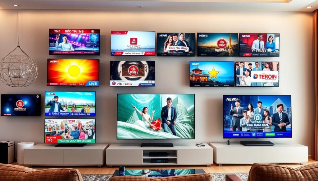 A high-quality 4K resolution image of various popular Vietnamese IPTV channels displayed on modern smart TV screens. The screens show vibrant and colorful channel logos, program titles, and live video feeds, capturing the diverse selection of news, entertainment, and cultural content available to Vietnamese viewers. The scene is lit with a warm, inviting lighting that creates a cozy, living room-like atmosphere. The TVs are positioned in a clean, minimalist living space with minimalist modern furniture and decor, allowing the channels to be the focus of the image.