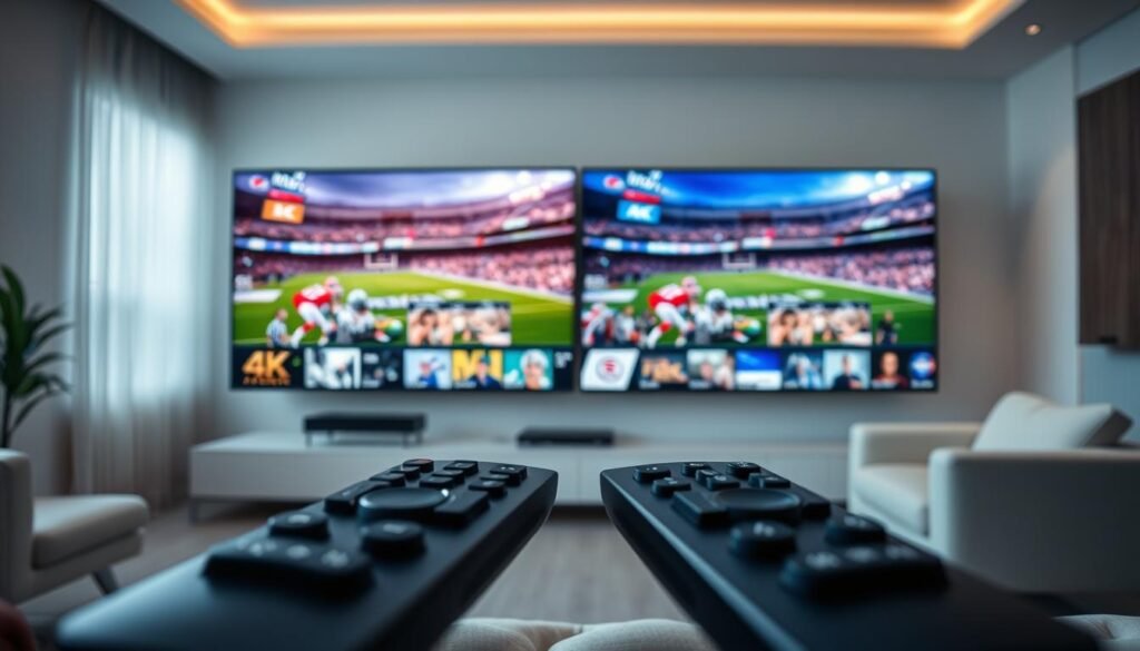A high-quality 4K video streaming comparison showcasing the visual differences between live IPTV and Fubo TV services. The scene depicts a living room setup with a large 4K television displaying various sports and entertainment content. The foreground features a pair of modern remote controls, highlighting the user experience. The middle ground shows two side-by-side video screens displaying vivid, detailed 4K footage with subtle differences in color, contrast, and clarity. The background features a minimalist, well-lit room with natural lighting and sleek, contemporary furniture, creating a premium, high-tech atmosphere. The overall image conveys a sense of technological sophistication and visual fidelity, perfectly suited for the "Streaming Quality: 4K and Beyond" section of the article.
