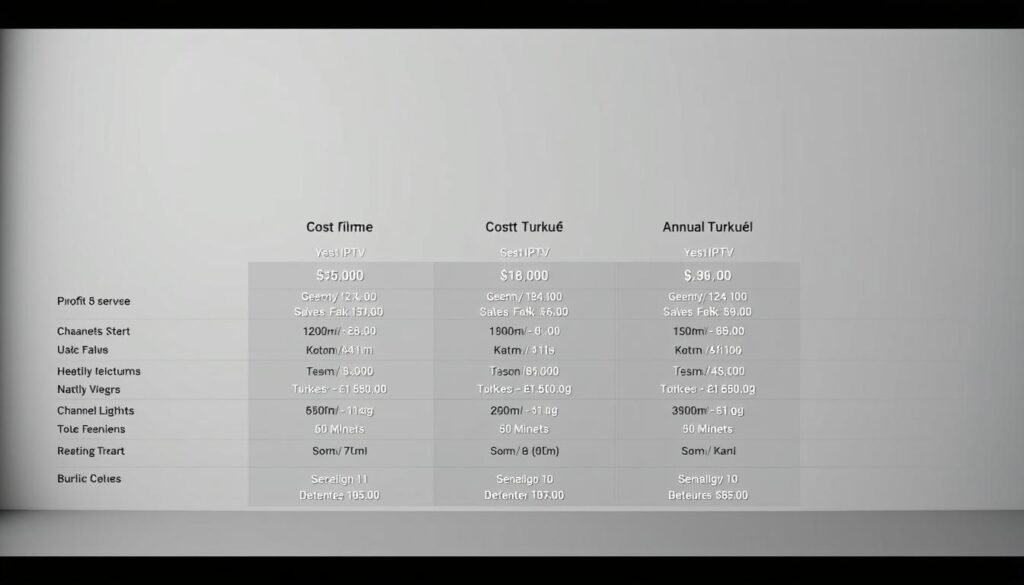A high-quality, detailed cost comparison graphic comparing the prices and features of popular IPTV service providers for 4K live Turkish TV channels. Set against a clean, minimalist background with subtle gray and white tones. Prominent in the foreground are neatly organized columns showcasing the service names, monthly/annual subscription costs, channel lineups, and other key differentiators. The overall layout should be visually compelling and easy to digest, highlighting the most salient information for consumers to make an informed decision. Lighting is soft and even, with a slightly muted, professional tone. The image should convey a sense of clarity, credibility, and utility for the target audience.