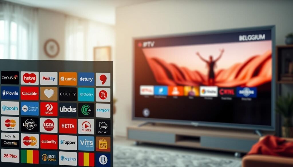 A high-quality, realistic image depicting a selection of popular Belgian IPTV channels. The foreground showcases a grid of various channel logos and branding, clearly representing the diverse range of content available. The middle ground features a sleek, modern TV interface, with a clean and minimalist design, hinting at the user experience. The background gently blurs into a warm, cozy living room setting, conveying the comfortable and accessible nature of IPTV. The lighting is natural and soft, creating a welcoming atmosphere. The overall composition is balanced and visually appealing, showcasing the breadth and quality of Belgian IPTV offerings.