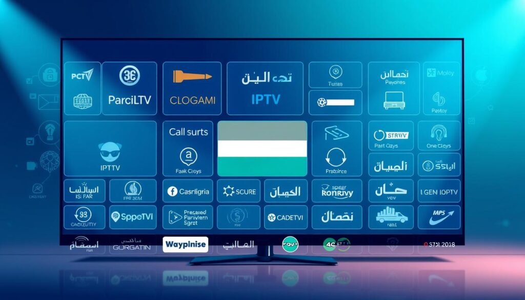 A high-quality, vibrant digital illustration depicting the top IPTV providers for Egyptian channels. The image showcases a sleek, modern interface with various IPTV service icons, logos, and branded elements arranged in a visually appealing grid layout. The color palette features shades of blue, green, and gray, creating a professional and authoritative atmosphere. The composition emphasizes balance and symmetry, with the providers' details presented in a clear, organized manner. The lighting is soft and evenly distributed, lending a sense of depth and dimensionality to the scene. The overall aesthetic is clean, minimalist, and intended to convey the reliability and comprehensive nature of the top IPTV options for accessing Egyptian television content.