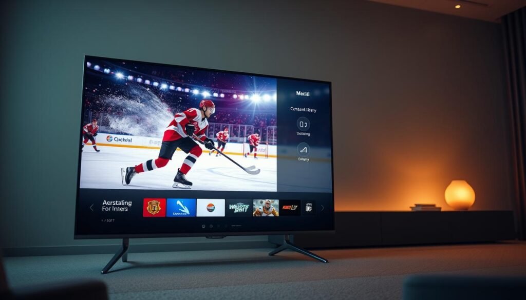 A high-resolution 4K display showcasing a dynamic IPTV streaming service interface. In the foreground, a sleek and modern smart TV set displays vibrant, crystal-clear live hockey footage with realistic textures and lifelike details. The middle ground features a minimalist and intuitive on-screen menu system with clean typography and icons, highlighting the service's content library and streaming options. In the background, a subtle, warm-toned lighting creates a cozy, cinematic atmosphere, complementing the high-tech ambiance. The overall composition conveys the seamless integration of cutting-edge 4K IPTV technology with an elegant, user-friendly design, perfectly suited for the "Understanding 4K Live IPTV Technology" section.