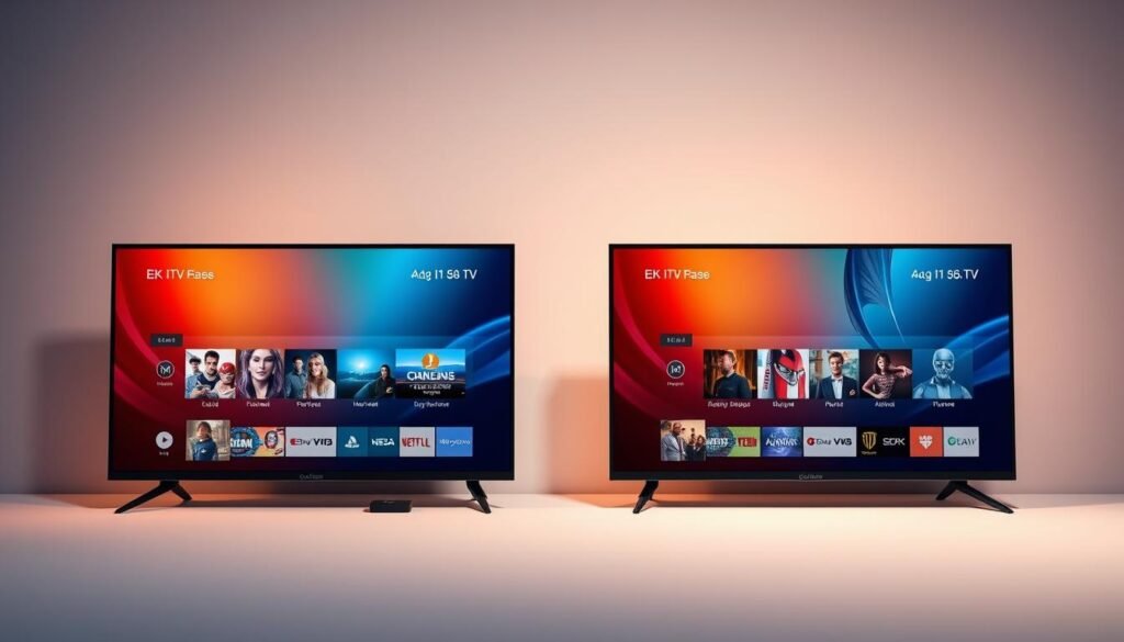 A high-resolution 4K image showcasing a sleek and modern comparison of popular 4K IPTV streaming services. The frame displays multiple device screens side-by-side, each showcasing a different service's user interface and content selection. Soft, directional lighting illuminates the devices, creating depth and emphasizing the high-quality imagery. The background is a minimalist, gradient-based design in calming hues that complement the technological focus. The overall composition conveys a sense of professionalism, clarity, and the ability to make an informed decision about the best 4K IPTV option.