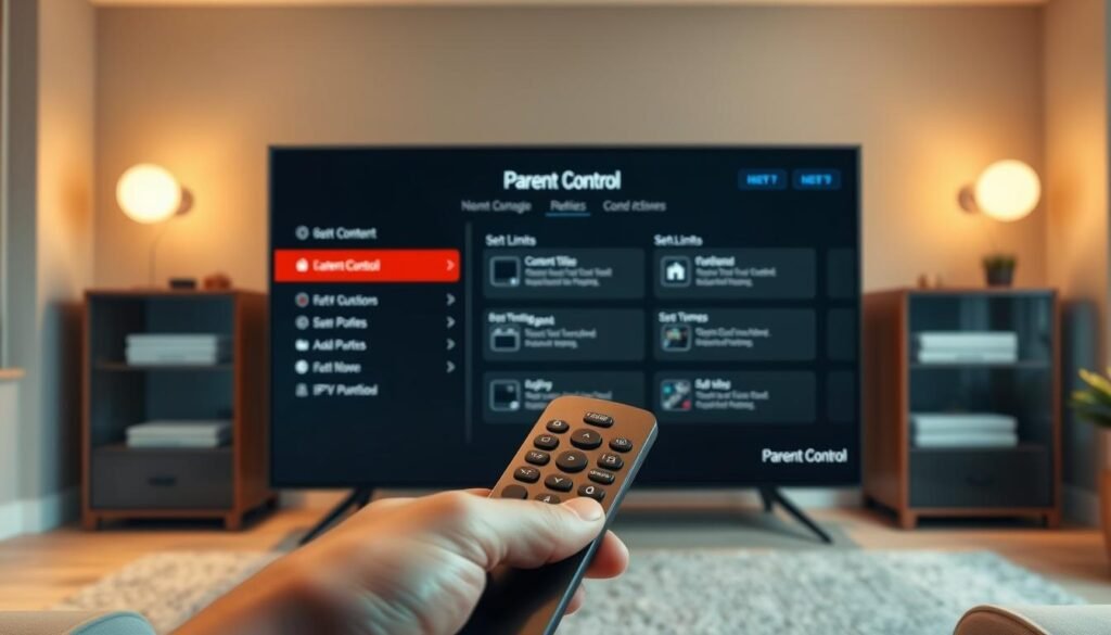 A highly detailed and realistic illustration of the parental control features of a modern 4K IPTV system. In the foreground, a sleek TV display showcases a comprehensive parental control interface, with clear and intuitive options for managing content access, setting time limits, and filtering inappropriate material. The middle ground features a hand-held remote control with dedicated parental control buttons, allowing easy navigation and customization. In the background, a minimalist living room setting with neutral tones provides a calming and family-friendly atmosphere. Warm, soft lighting illuminates the scene, conveying a sense of security and comfort. The overall composition emphasizes the user-friendly and child-safe nature of the IPTV parental control features.
