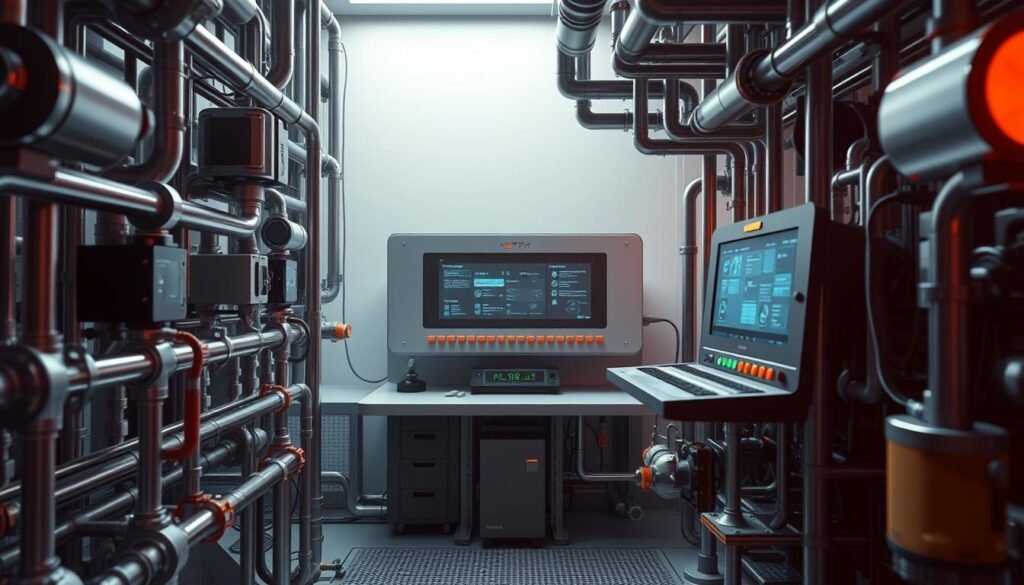 A highly detailed, realistic rendering of intricate anti-freeze technology. The foreground features a complex network of interconnected pipes, valves, and sensors, showcasing the inner workings of this innovative system. The middle ground depicts a sleek, modern control panel with digital displays and intuitive interfaces, highlighting the advanced monitoring and management capabilities. The background showcases a minimalist, industrial environment with subtle lighting and shadows, creating a sense of technical sophistication. The image conveys a mood of cutting-edge engineering, efficiency, and reliability, perfectly suited to illustrate the "How Anti-Freeze Technology Works" section of the article.