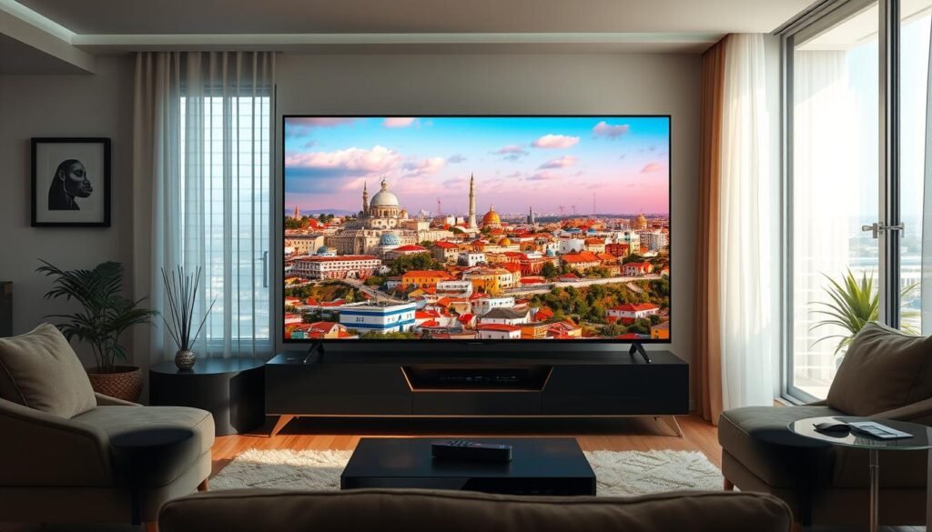 A live 4K IPTV service broadcasting vibrant, high-definition Israeli channels with Hebrew content. A sleek, modern television set dominates the center, its screen displaying a lush, colorful landscape of Israeli landmarks and cityscapes. The living room is bathed in warm, natural lighting, with subtle hints of technology in the form of streaming devices and remote controls. The atmosphere exudes a sense of comfort and cultural immersion, perfect for enjoying the rich, immersive viewing experience of 4K IPTV.