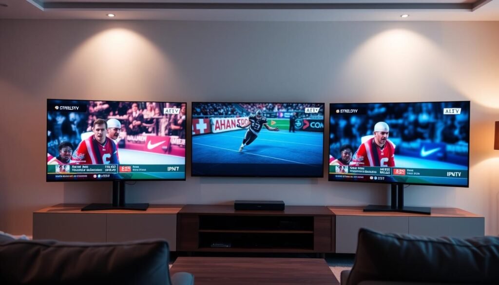 A living room setup with multiple screens displaying live IPTV channels in 4K resolution. Three large flat-screen TVs are arranged side-by-side, each showing a different program or sporting event. The room is well-lit with soft, indirect lighting, creating a cozy and immersive atmosphere. The TVs are mounted on a modern, minimalist entertainment center, allowing for a clutter-free and streamlined viewing experience. The scene conveys a sense of technological sophistication and the ability to enjoy multiple high-quality video streams simultaneously, providing a comprehensive multi-screen IPTV setup.