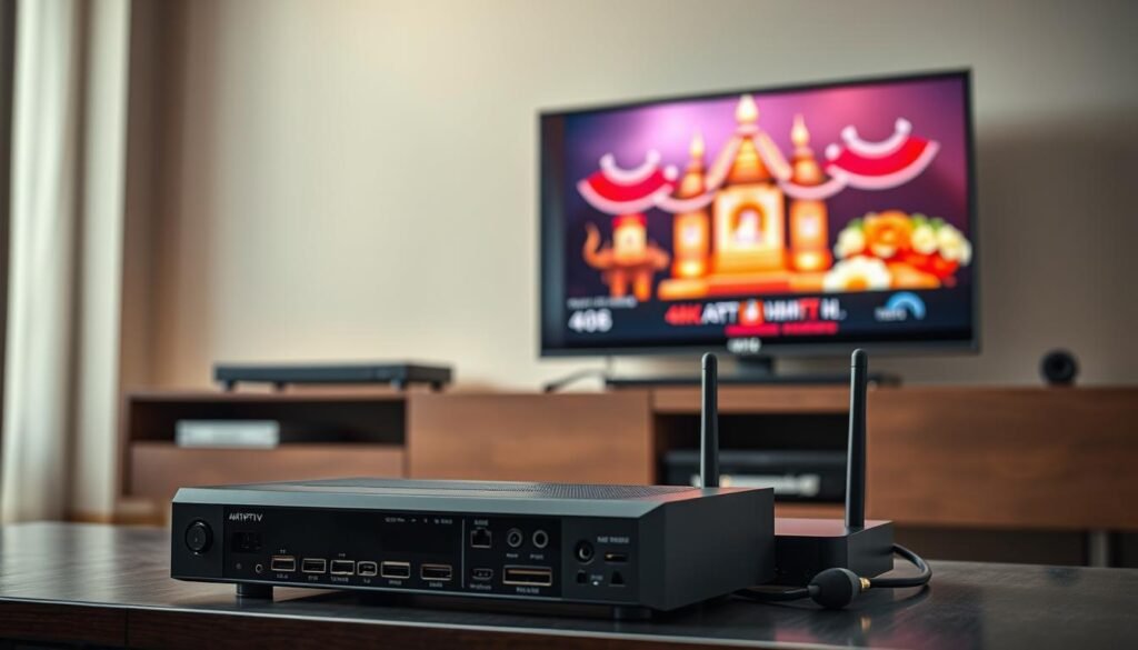 A modern 4K IPTV setup with a sleek TV displaying a vibrant Thai channel, surrounded by a minimalist entertainment center. In the foreground, a high-end streaming device with various inputs and connections, bathed in a warm, cinematic lighting. The middle ground showcases a compact, unobtrusive router or modem, reflecting the seamless integration of technology. The background features a clean, neutral-toned wall, allowing the equipment to take center stage. The overall atmosphere conveys a sense of sophistication and technological prowess, suitable for a premium IPTV service targeting Thai viewers.