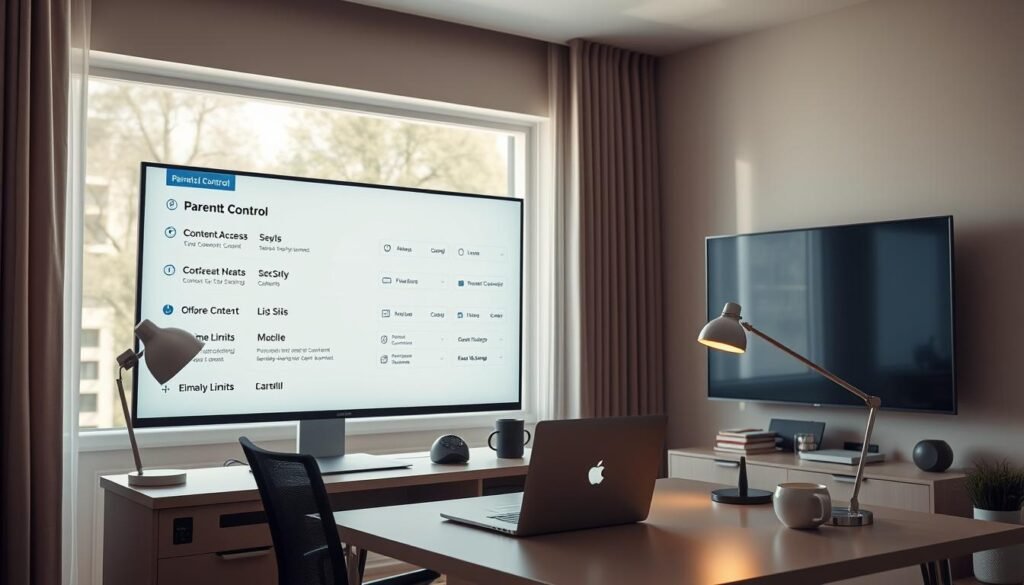 A modern and sleek home office setup with a desk, computer, and a large, high-resolution TV screen displaying a parental control interface. The TV screen shows various settings and options for managing content access, restricting mature content, and setting time limits. The desk has a professional-looking laptop, a stylish lamp, and a few organizational items. The room is well-lit, with a combination of natural light from a large window and soft, indirect lighting that creates a calm and focused atmosphere. The overall scene conveys a sense of technology-enabled parental responsibility and control over the family's digital activities.