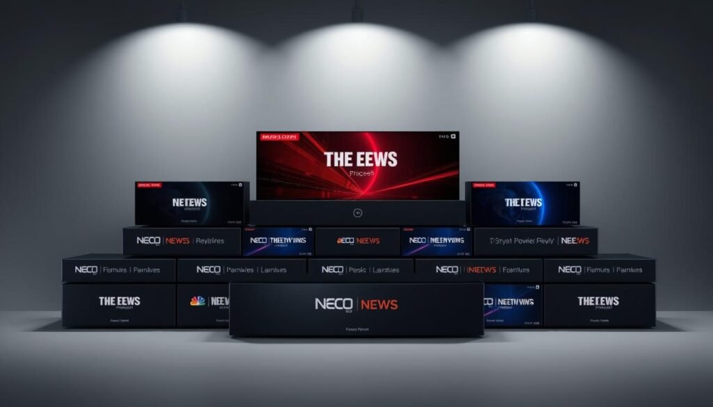 A modern and sleek set of IPTV news channel packages displayed on a minimalist grey background. The packages are neatly stacked, showcasing their logos and key features in a clear and organized manner. Diffused lighting from above casts a soft, professional glow, emphasizing the high-quality and premium nature of the offerings. The layout is visually balanced, with ample negative space to allow the packages to stand out. The overall tone is informative, authoritative, and designed to capture the attention of discerning news consumers seeking the best 4K live IPTV experience.