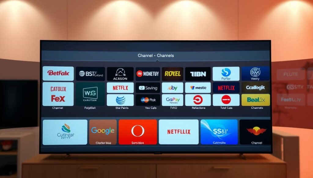 A modern, highly detailed 4K live IPTV user interface displaying a grid of various channel options. The foreground showcases sleek, high-definition channel logos and icons against a clean, minimalist backdrop. The middle ground features a horizontal bar with channel categories and filters, allowing seamless navigation. The background subtly suggests a living room environment, with hints of a couch or entertainment center visible. Vibrant colors, crisp edges, and a touch of futuristic flair convey the cutting-edge technology of 4K IPTV. The overall scene evokes a sense of immersive, high-quality television viewing experience.