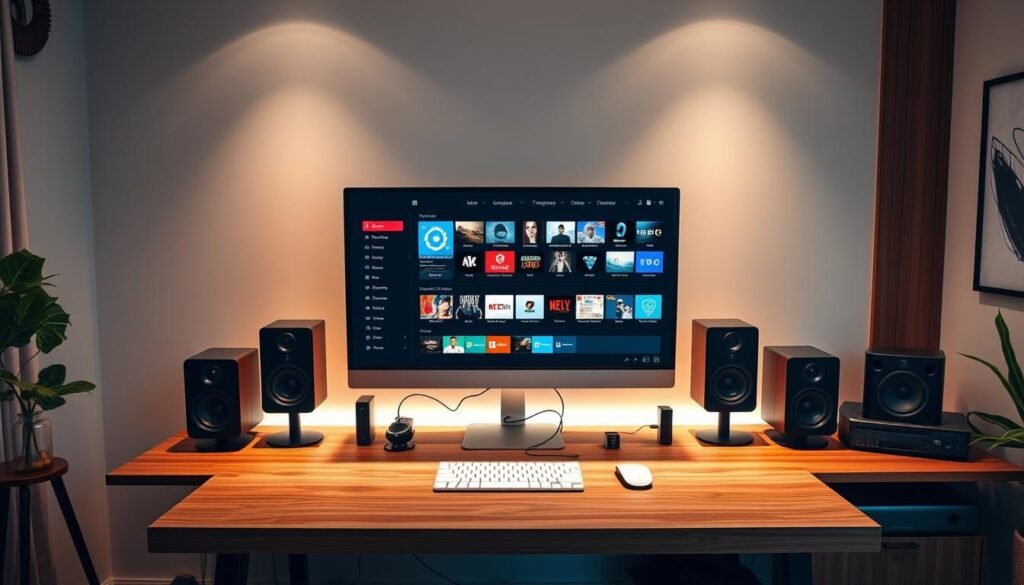 A modern home office with a sleek computer setup on a minimalist wood desk. In the center, a 4K display showcases the OTT Navigator interface, its intuitive menus and controls illuminated by soft, indirect lighting. Surrounding the desk, high-end audio equipment and smart home devices create an immersive, tech-savvy environment. The walls are adorned with minimalist art, complementing the clean, sophisticated aesthetic. Warm wooden accents and neutral tones imbue the scene with a sense of tranquility, perfectly suited for enjoying seamless 4K IPTV streaming through the OTT Navigator platform.