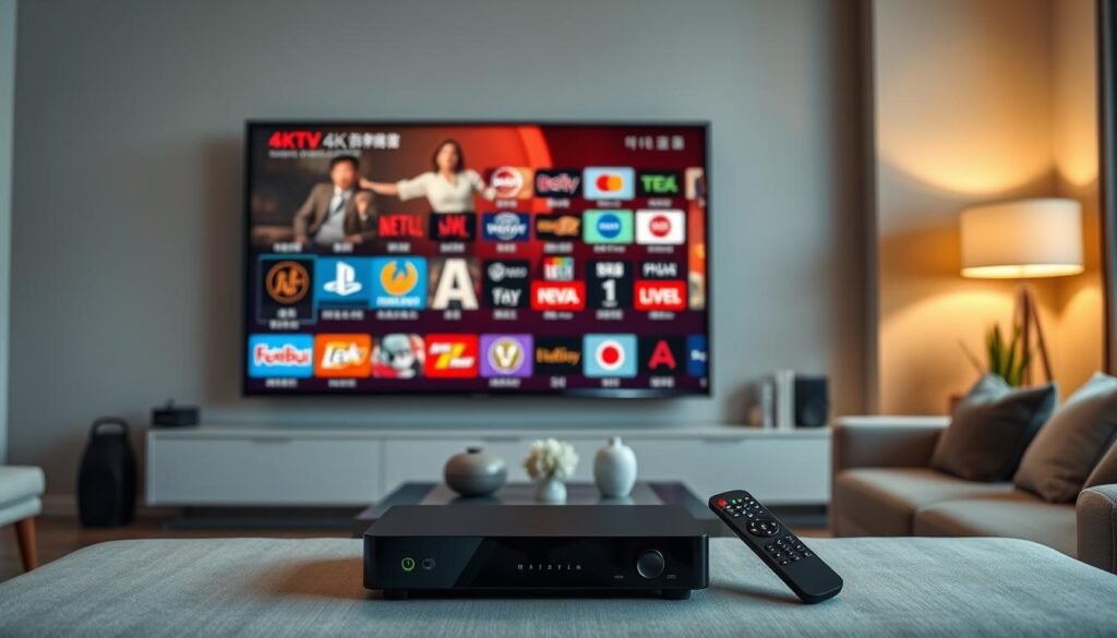 A modern living room with a large 4K IPTV display showcasing a diverse array of Chinese channels, both Mandarin and Cantonese. The screen displays a sleek, user-friendly interface with intuitive navigation. Soft, warm lighting illuminates the scene, creating a cozy and inviting atmosphere. In the foreground, a high-end streaming device and remote control are prominently displayed, hinting at the seamless integration of technology. The middle ground features stylish home decor elements, subtly complementing the overall aesthetic. The background depicts a minimalist, contemporary setting with clean lines and neutral tones, allowing the IPTV display to be the focal point.