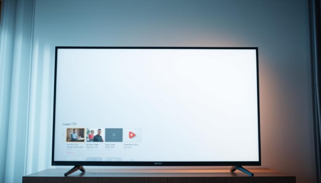 A modern, minimalist digital display showcasing a 4K live TV subscription service. The screen is positioned in the foreground, with a clean and sleek design featuring a minimalist user interface. The background is blurred, creating a sense of depth and focus on the main display. The lighting is soft and diffused, creating a warm and inviting atmosphere. The scene conveys a sense of high-quality, reliable, and accessible live TV streaming for the modern viewer.