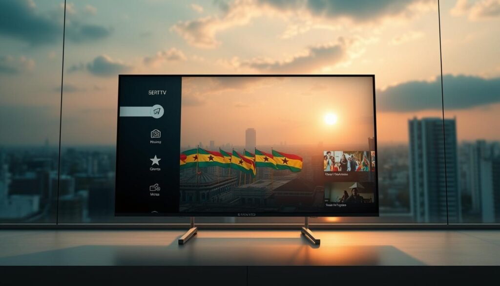 A modern, minimalist digital display showcasing a variety of live IPTV channels for Ghanaian audiences. The foreground features sleek icons and simple UI elements, conveying the accessibility and user-friendliness of the IPTV service. In the middle ground, a vibrant array of Ghanaian flags and cultural imagery, highlighting the local content focus. The background depicts a serene, urban Ghanaian skyline, bathed in warm, golden lighting to evoke a sense of comfort and home. The overall composition strikes a balance between technology and tradition, creating an inviting and affordable IPTV solution tailored for the Ghanaian market.